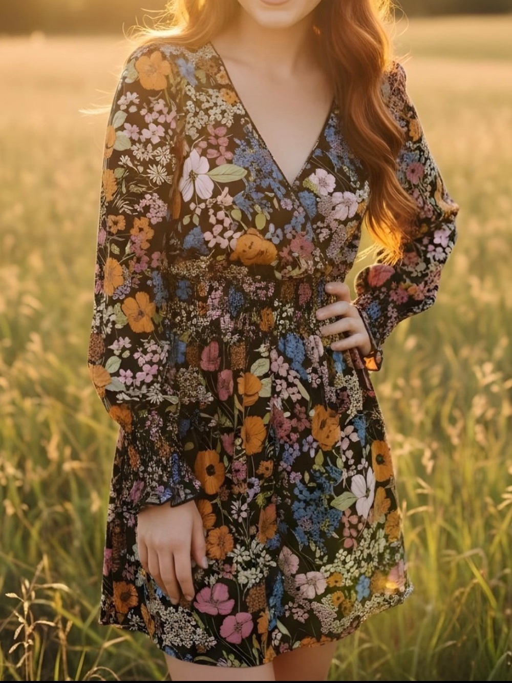 WAYF Black Floral Long Sleeve Dress - XS
